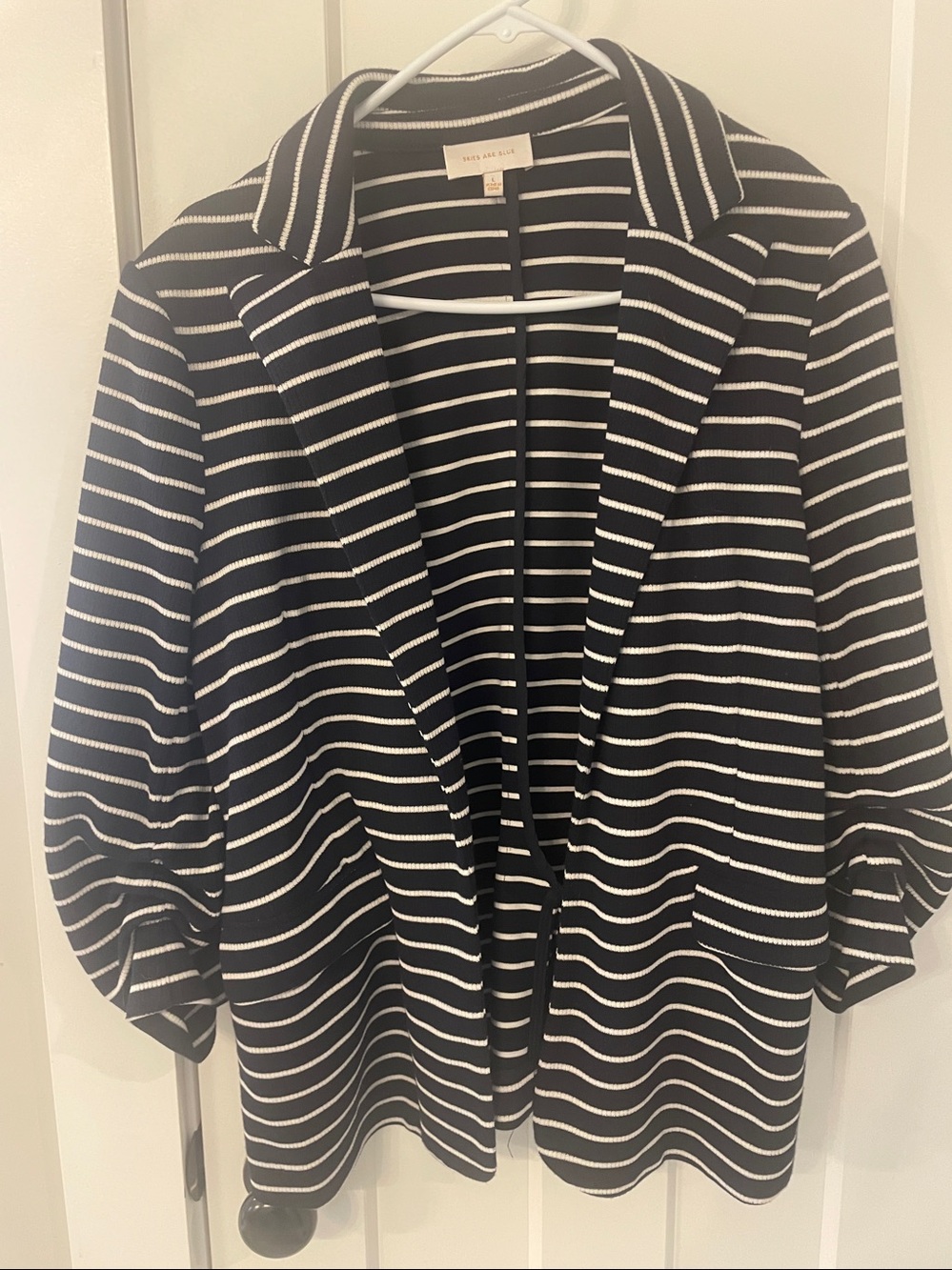 Skies are Blue Navy and White Striped Open-Front Knit Blazer
